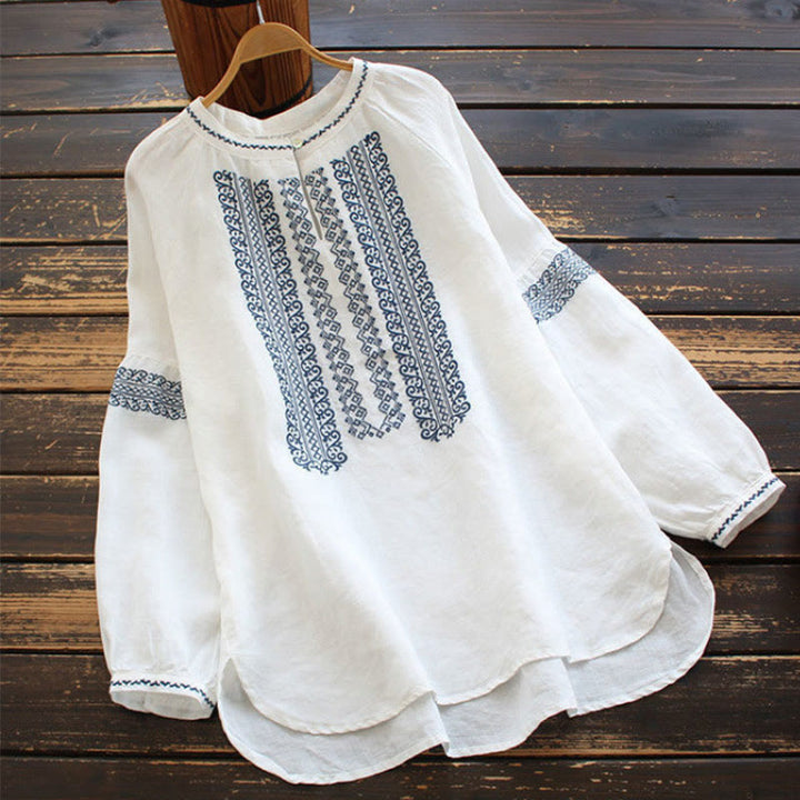 Buddha Stones Ethnic Embroidery Bohemian Pattern Long Sleeve Crew Neck Women's Shirt - White - US16,UK/AU20,EU48 (5XL) - image 0