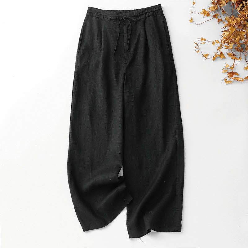Buddha Stones Summer Plain Color Ankle-Length Drawstring Cotton Linen Women's Wide Leg Pants With Pockets Zipper - Black - US8-10,UK/AU12-14,EU40-42 (2XL) - image 7