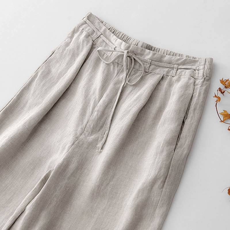 Buddha Stones Summer Plain Color Ankle-Length Drawstring Cotton Linen Women's Wide Leg Pants With Pockets Zipper - image 13