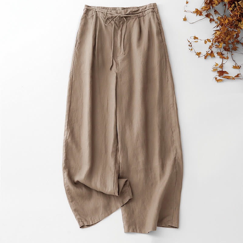 Buddha Stones Summer Plain Color Ankle-Length Drawstring Cotton Linen Women's Wide Leg Pants With Pockets Zipper - BurlyWood - US8-10,UK/AU12-14,EU40-42 (2XL) - image 0