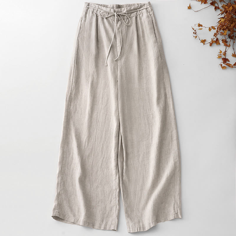 Buddha Stones Summer Plain Color Ankle-Length Drawstring Cotton Linen Women's Wide Leg Pants With Pockets Zipper - Linen - US8-10,UK/AU12-14,EU40-42 (2XL) - image 10