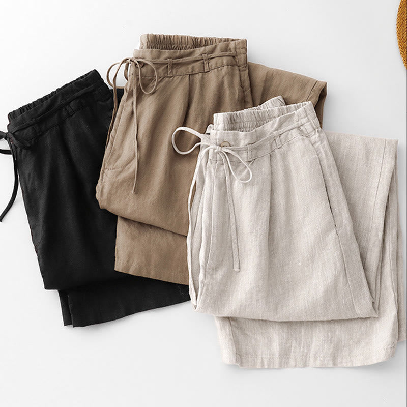 Buddha Stones Summer Plain Color Ankle-Length Drawstring Cotton Linen Women's Wide Leg Pants With Pockets Zipper - image 21