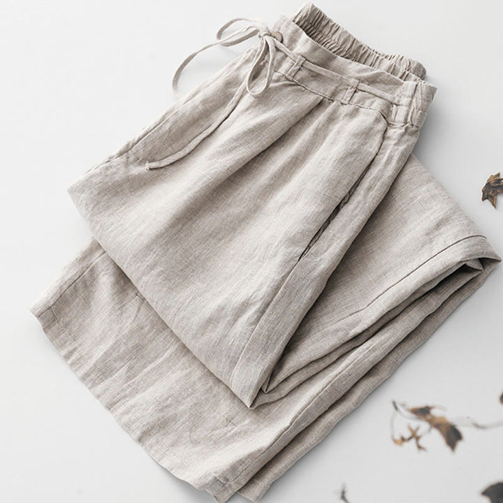 Buddha Stones Summer Plain Color Ankle-Length Drawstring Cotton Linen Women's Wide Leg Pants With Pockets Zipper - image 11