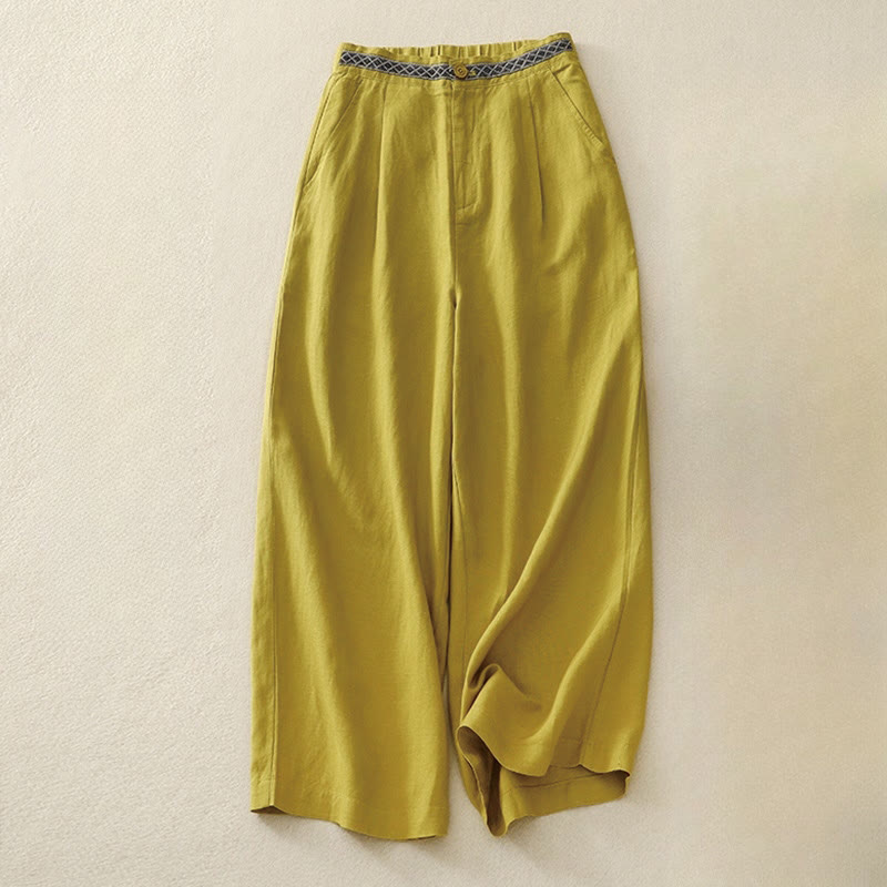 Buddha Stones Summer Plain Color 7-8 Length Cotton Linen Women's Wide Leg Pants With Pockets Zipper - Gold - US8-10,UK/AU12-14,EU40-42 (2XL) - image 0