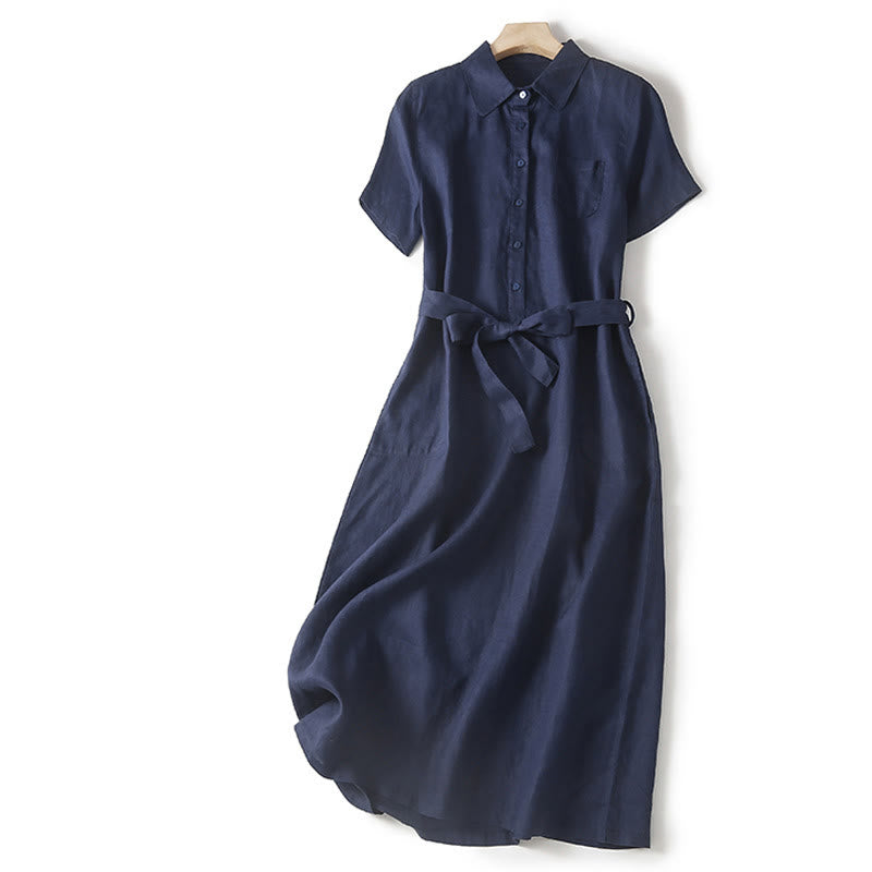 Buddha Stones Summer Lace-up Plain Short Sleeve Cotton Midi Dress With Pockets - Navy - US8-10,UK/AU12-14,EU40-42 (2XL) - image 22