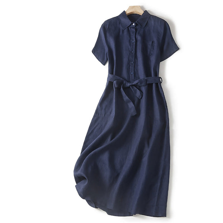 Buddha Stones Summer Lace-up Plain Short Sleeve Cotton Midi Dress With Pockets - Navy - US8-10,UK/AU12-14,EU40-42 (2XL) - image 22