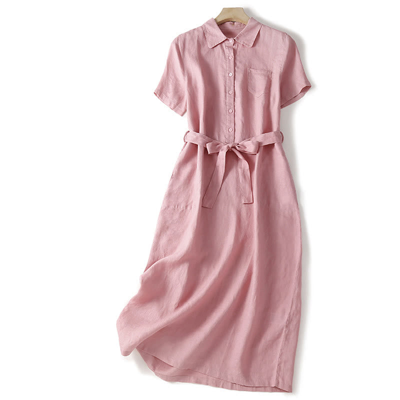 Buddha Stones Summer Lace-up Plain Short Sleeve Cotton Midi Dress With Pockets - LightPink - US8-10,UK/AU12-14,EU40-42 (2XL) - image 1