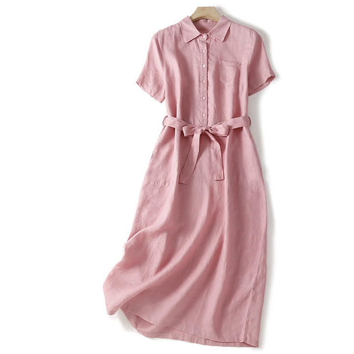 Buddha Stones Summer Lace-up Plain Short Sleeve Cotton Midi Dress With Pockets - LightPink - US8-10,UK/AU12-14,EU40-42 (2XL) - image 1