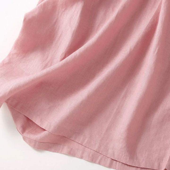 Buddha Stones Summer Lace-up Plain Short Sleeve Cotton Midi Dress With Pockets - image 6