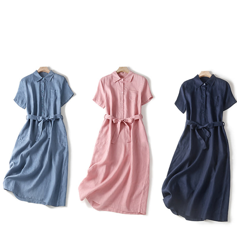 Buddha Stones Summer Lace-up Plain Short Sleeve Cotton Midi Dress With Pockets - image 23