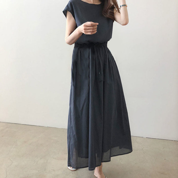 Buddha Stones Casual Eastic Waist Drawstring Design Short Sleeve Cotton Linen Midi Dress - SteelBlue - US8-10,UK/AU12-14,EU40-42 (2XL) - image 13