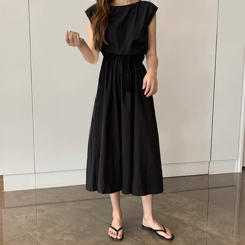 Buddha Stones Casual Eastic Waist Drawstring Design Short Sleeve Cotton Linen Midi Dress - Black - US8-10,UK/AU12-14,EU40-42 (2XL) - image 11