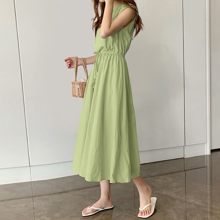 Buddha Stones Casual Eastic Waist Drawstring Design Short Sleeve Cotton Linen Midi Dress - LightGreen - US8-10,UK/AU12-14,EU40-42 (2XL) - image 27