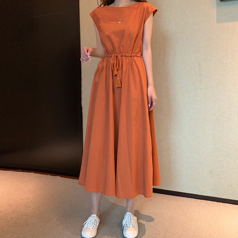 Buddha Stones Casual Eastic Waist Drawstring Design Short Sleeve Cotton Linen Midi Dress - DarkOrange - US8-10,UK/AU12-14,EU40-42 (2XL) - image 25