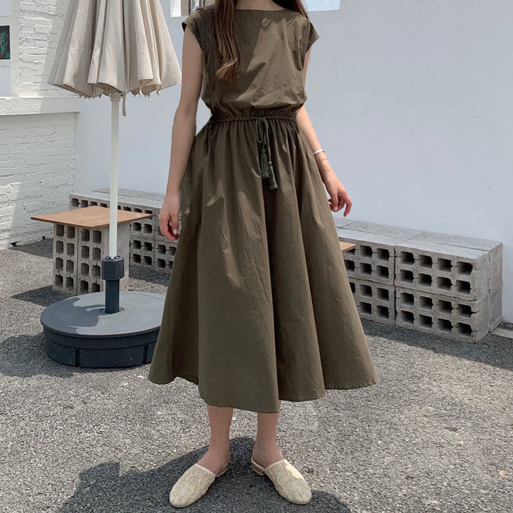 Buddha Stones Casual Eastic Waist Drawstring Design Short Sleeve Cotton Linen Midi Dress - Olive - US8-10,UK/AU12-14,EU40-42 (2XL) - image 26