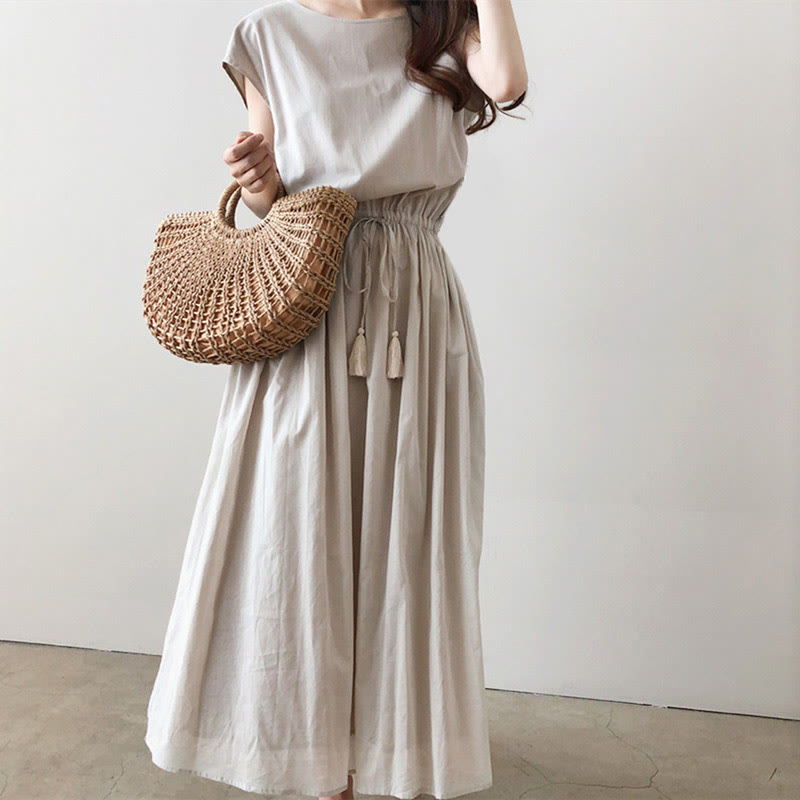 Buddha Stones Casual Eastic Waist Drawstring Design Short Sleeve Cotton Linen Midi Dress - Linen - US8-10,UK/AU12-14,EU40-42 (2XL) - image 0