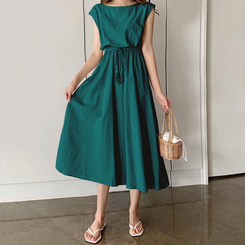 Buddha Stones Casual Eastic Waist Drawstring Design Short Sleeve Cotton Linen Midi Dress - LightSeaGreen - US8-10,UK/AU12-14,EU40-42 (2XL) - image 22