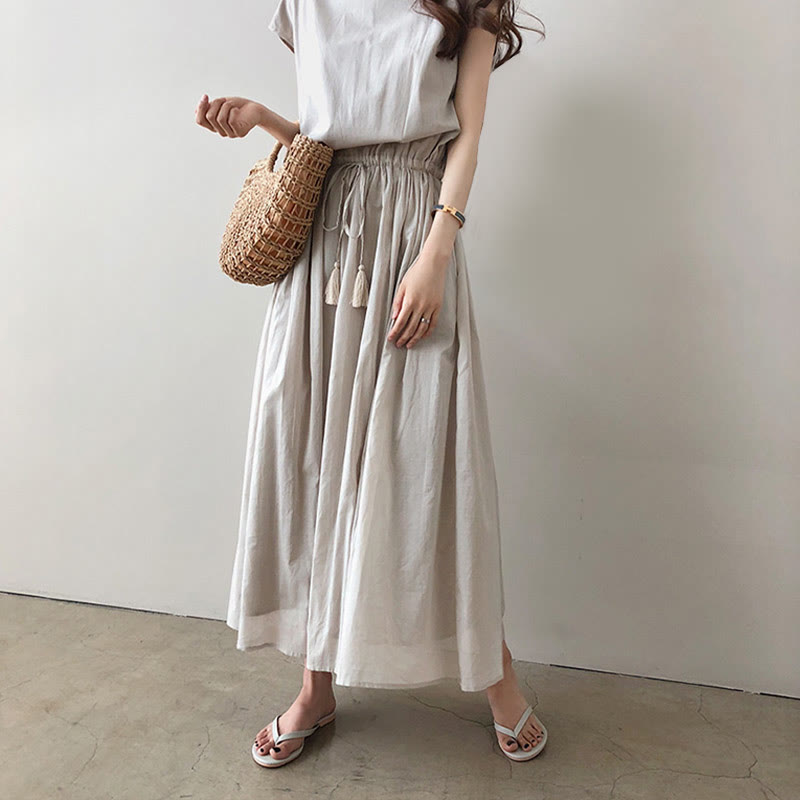 Buddha Stones Casual Eastic Waist Drawstring Design Short Sleeve Cotton Linen Midi Dress - image 2