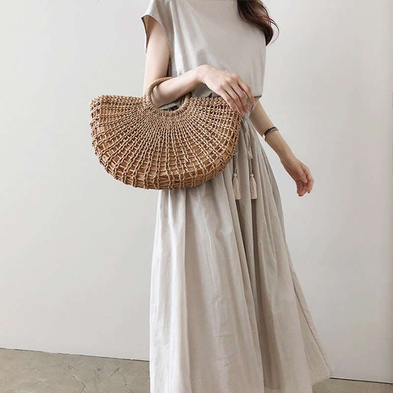 Buddha Stones Casual Eastic Waist Drawstring Design Short Sleeve Cotton Linen Midi Dress - image 5