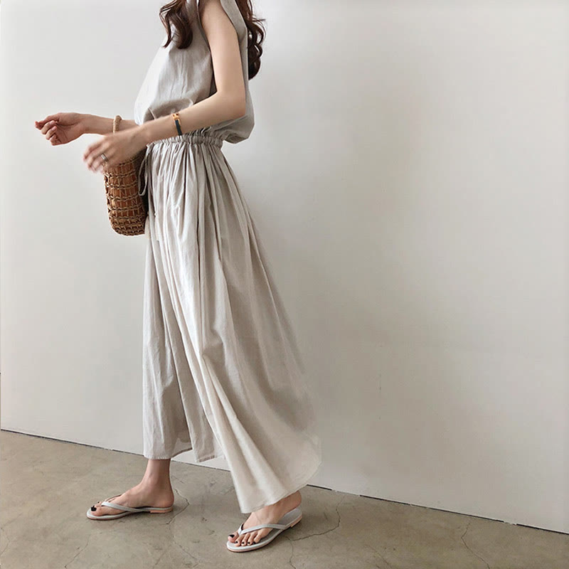 Buddha Stones Casual Eastic Waist Drawstring Design Short Sleeve Cotton Linen Midi Dress - image 3