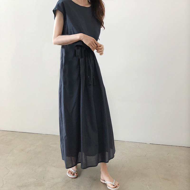 Buddha Stones Casual Eastic Waist Drawstring Design Short Sleeve Cotton Linen Midi Dress - image 16