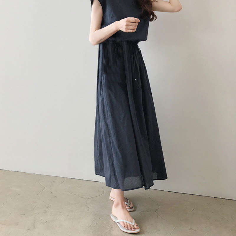 Buddha Stones Casual Eastic Waist Drawstring Design Short Sleeve Cotton Linen Midi Dress - image 19