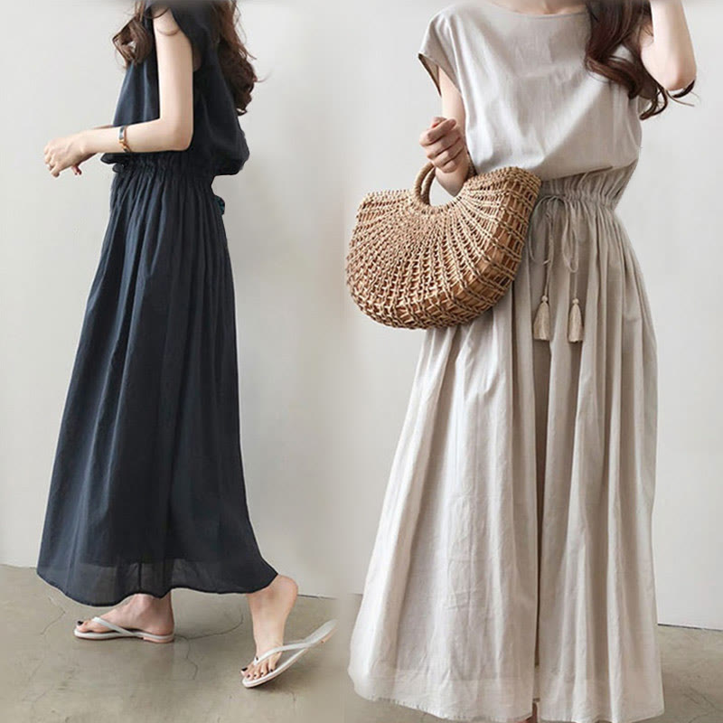 Buddha Stones Casual Eastic Waist Drawstring Design Short Sleeve Cotton Linen Midi Dress - image 10