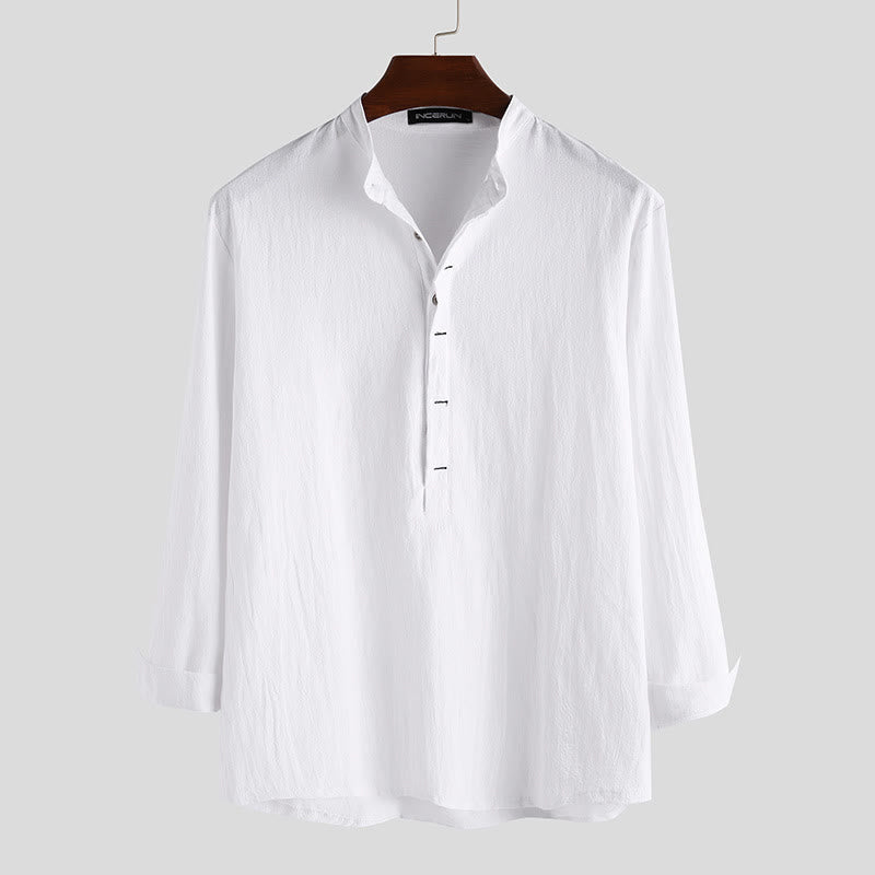 Buddha Stones Solid Color Half Buttons Long Sleeve Cotton Linen Men's Shirts - White - US/UK/AU42,EU52 (3XL) - image 0