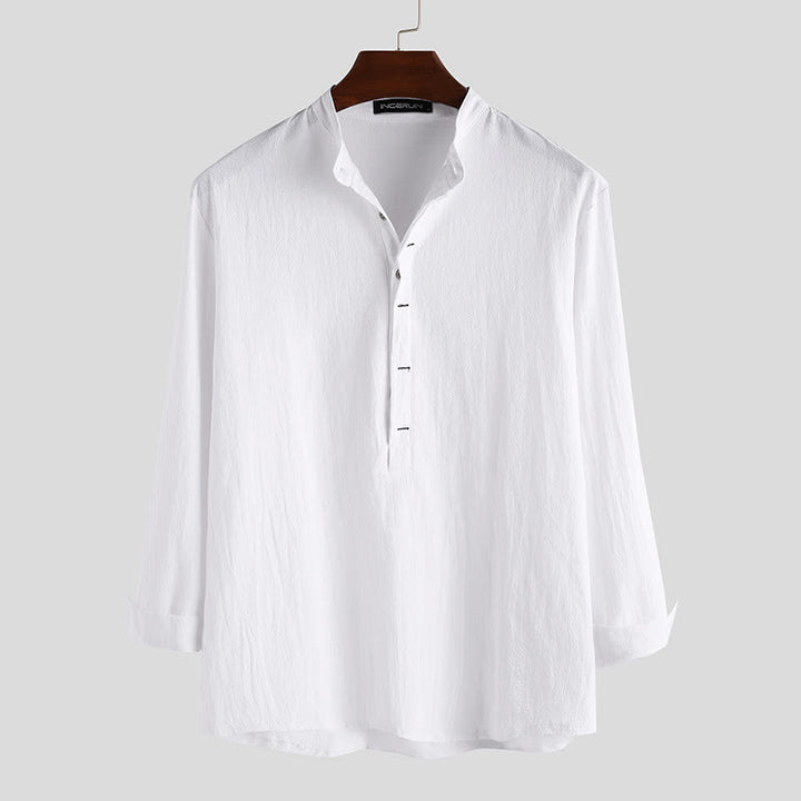 Buddha Stones Solid Color Half Buttons Long Sleeve Cotton Linen Men's Shirts - White - US/UK/AU42,EU52 (3XL) - image 0