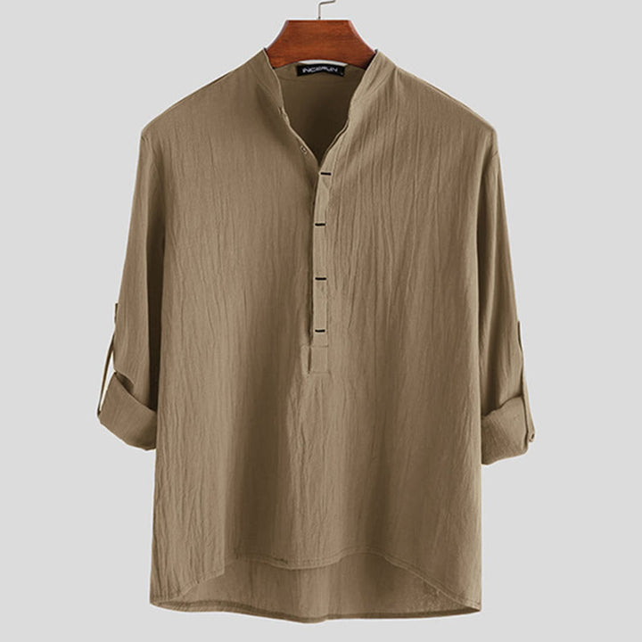 Buddha Stones Solid Color Half Buttons Long Sleeve Cotton Linen Men's Shirts - Tan - US/UK/AU42,EU52 (3XL) - image 7