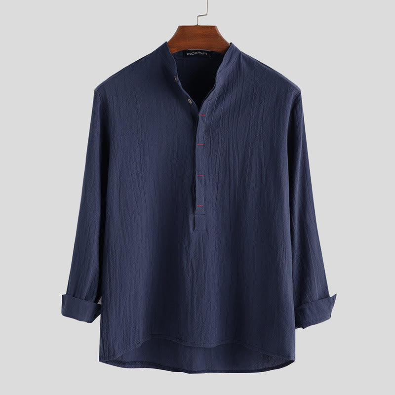 Buddha Stones Solid Color Half Buttons Long Sleeve Cotton Linen Men's Shirts - SteelBlue - US/UK/AU42,EU52 (3XL) - image 4