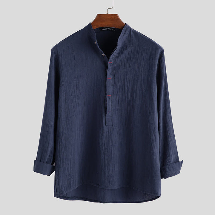 Buddha Stones Solid Color Half Buttons Long Sleeve Cotton Linen Men's Shirts - SteelBlue - US/UK/AU42,EU52 (3XL) - image 4