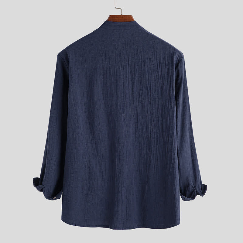 Buddha Stones Solid Color Half Buttons Long Sleeve Cotton Linen Men's Shirts - image 5