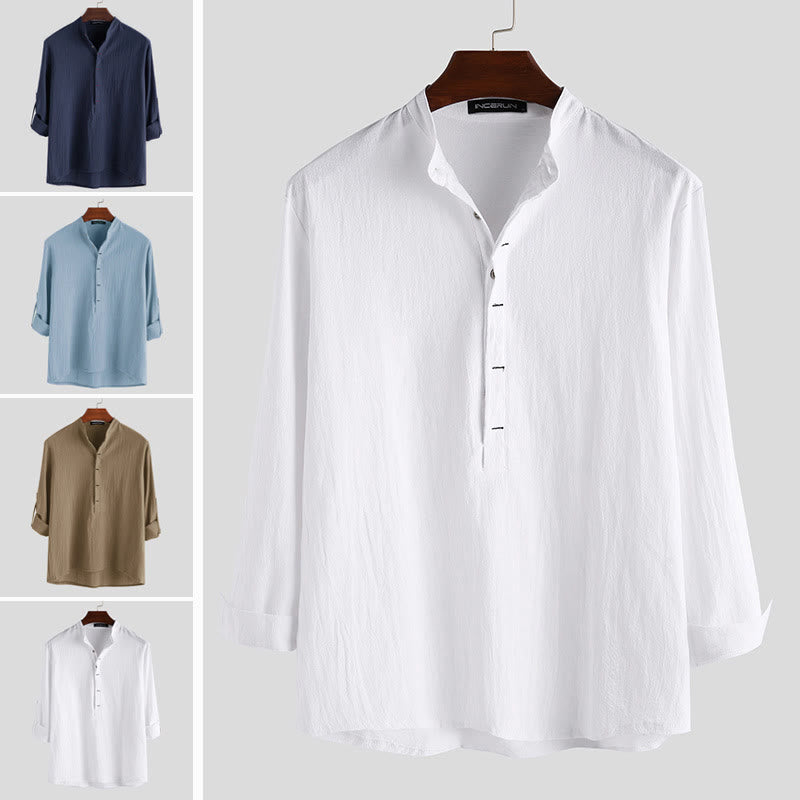 Buddha Stones Solid Color Half Buttons Long Sleeve Cotton Linen Men's Shirts - image 1