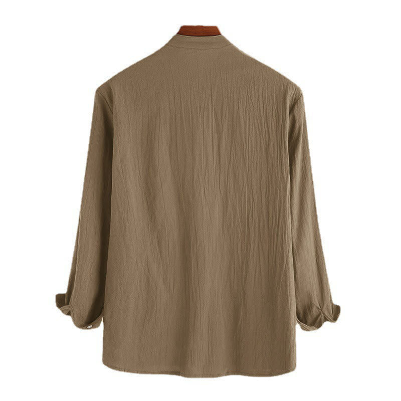 Buddha Stones Solid Color Half Buttons Long Sleeve Cotton Linen Men's Shirts - image 8