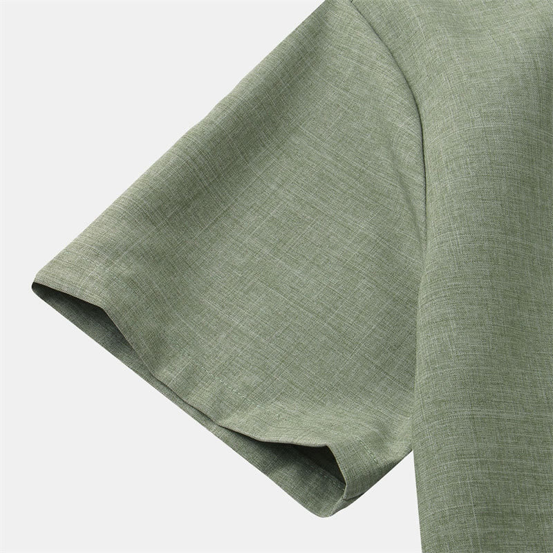 Buddha Stones Summer Men's Button Plain Short Sleeve Cotton Shirt With Pocket - image 3