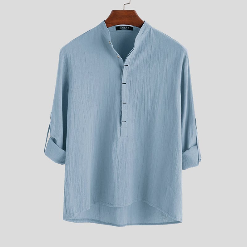 Buddha Stones Solid Color Half Buttons Long Sleeve Cotton Linen Men's Shirts - LightSkyBlue - US/UK/AU42,EU52 (3XL) - image 3
