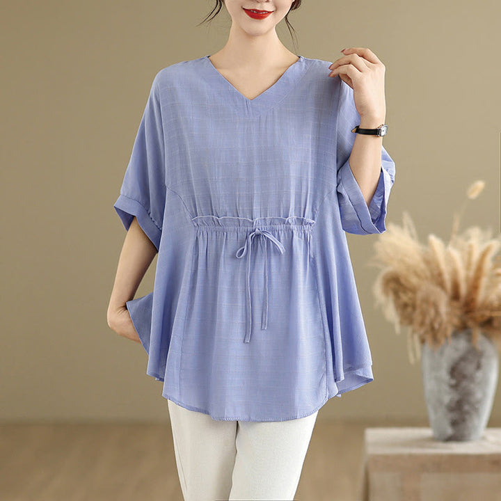 Buddha Stones Casual Solid Color Half Sleeve Half Button Women's T-Shirt - CornflowerBlue - US12,UK/AU16,EU44 (2XL) - image 0