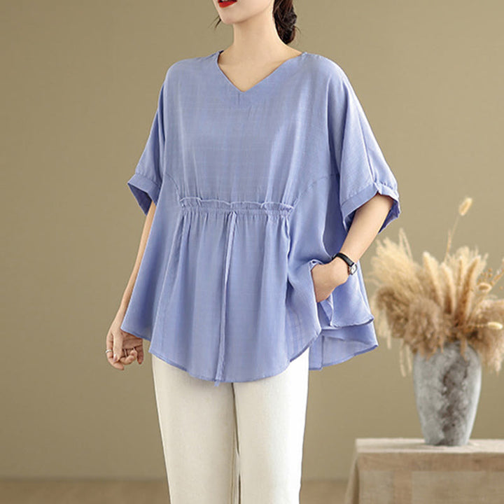 Buddha Stones Casual Solid Color Half Sleeve Half Button Women's T-Shirt - image 2