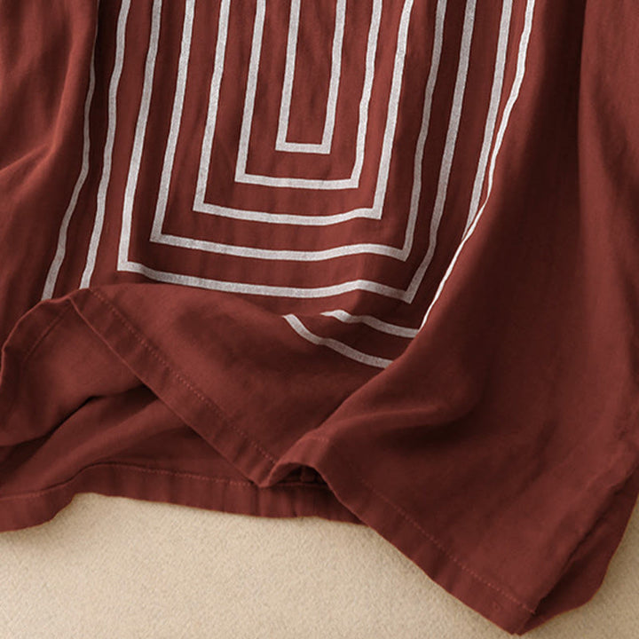 Buddha Stones Casual Line Printing Pattern Short Sleeve Cotton Linen Women's T-Shirt - image 10