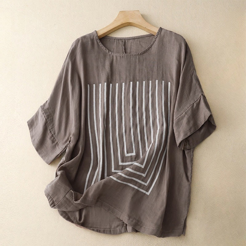 Buddha Stones Casual Line Printing Pattern Short Sleeve Cotton Linen Women's T-Shirt - RosyBrown - US12,UK/AU16,EU44 (2XL) - image 18