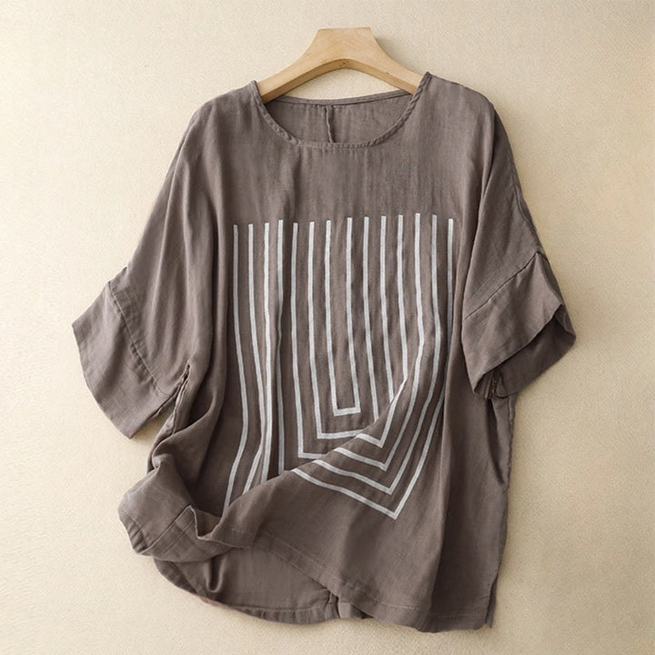 Buddha Stones Casual Line Printing Pattern Short Sleeve Cotton Linen Women's T-Shirt - RosyBrown - US12,UK/AU16,EU44 (2XL) - image 18