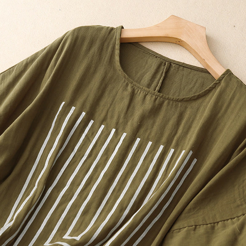 Buddha Stones Casual Line Printing Pattern Short Sleeve Cotton Linen Women's T-Shirt - image 1