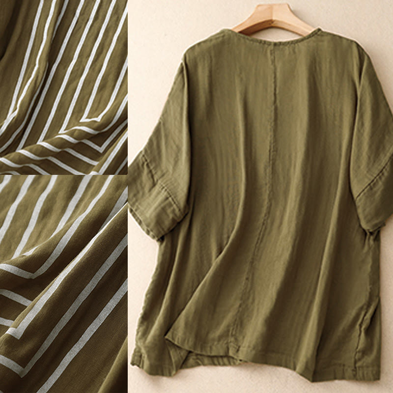 Buddha Stones Casual Line Printing Pattern Short Sleeve Cotton Linen Women's T-Shirt - image 6