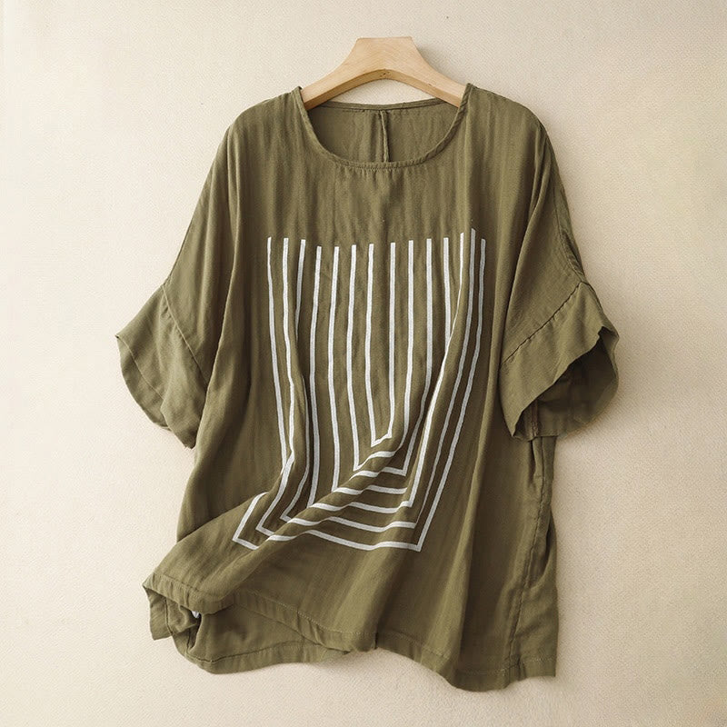 Buddha Stones Casual Line Printing Pattern Short Sleeve Cotton Linen Women's T-Shirt - Olive - US12,UK/AU16,EU44 (2XL) - image 0