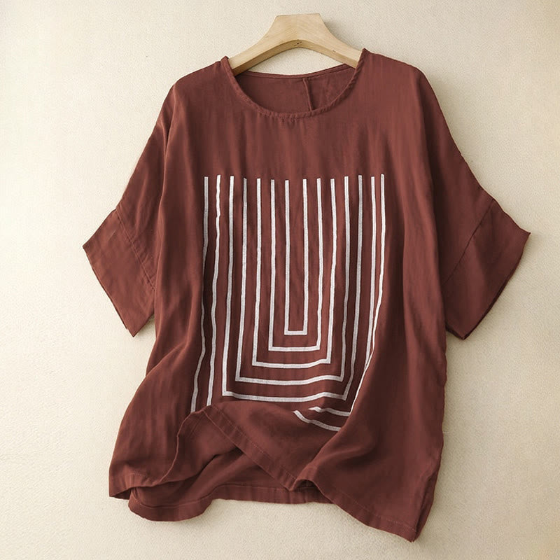 Buddha Stones Casual Line Printing Pattern Short Sleeve Cotton Linen Women's T-Shirt - Maroon - US12,UK/AU16,EU44 (2XL) - image 7