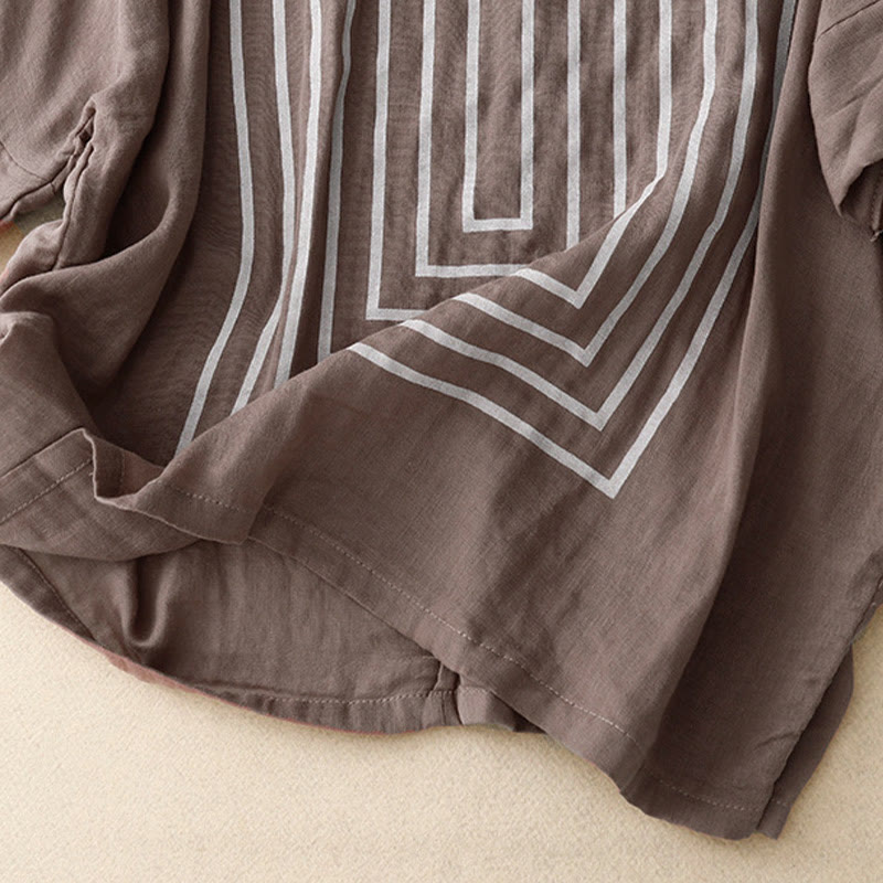 Buddha Stones Casual Line Printing Pattern Short Sleeve Cotton Linen Women's T-Shirt - image 20