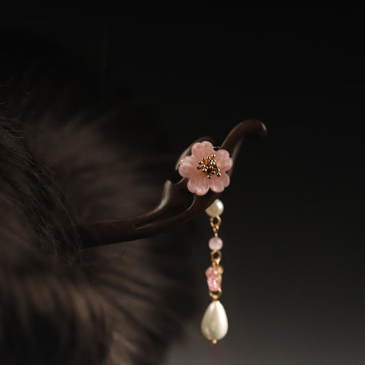 Buddha Stones Ebony Flower Butterfly Blessing Hairpin - Brown-Pink Flower - image 2