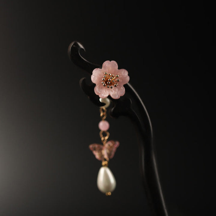 Buddha Stones Ebony Flower Butterfly Blessing Hairpin - image 1