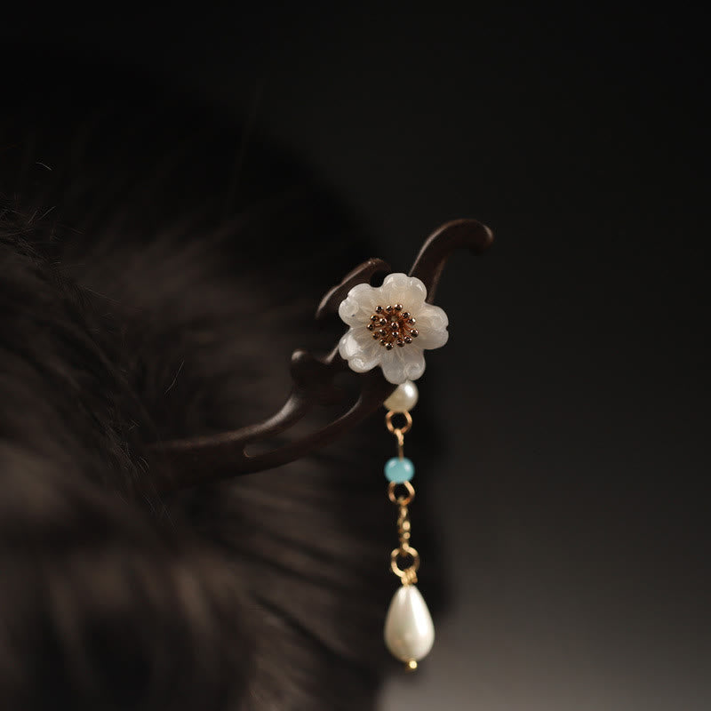 Buddha Stones Ebony Flower Butterfly Blessing Hairpin - Brown-White Flower - image 7